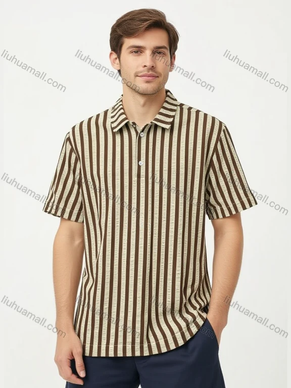 Wholesale Men's Beige Brown Striped Polo Shirt Wholesale - 3-Button Collar, Short Sleeve, Cotton Blend, Bulk Orders LIUHUA CLOTHING WHOLESALE