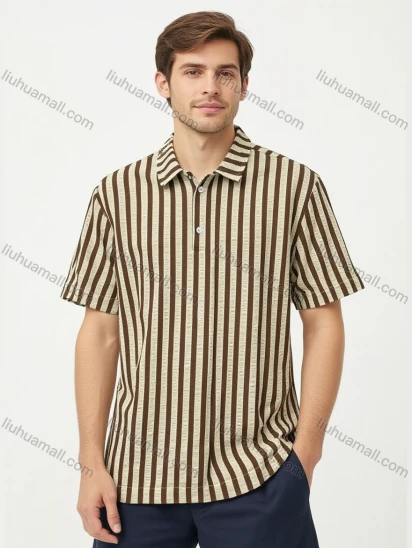 Wholesale Men's Beige Brown Striped Polo Shirt Wholesale - 3-Button Collar, Short Sleeve, Cotton Blend, Bulk Orders