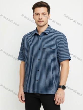 Wholesale Men's Blue Black Striped Shirt Wholesale - Short Sleeve, Chest Pocket, Button Front, Casual Style, Guangzhou Clothing Wholesale Market & Suppliers - LIUHUAMALL