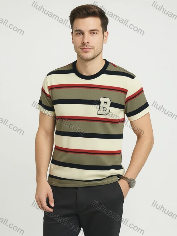 Wholesale Men's Beige Multi-Stripe T-Shirt Wholesale - Soft Cotton, Crew Neck, B Logo, Bulk Order Discounts, Guangzhou Clothing Wholesale Market & Suppliers - LIUHUAMALL, Men