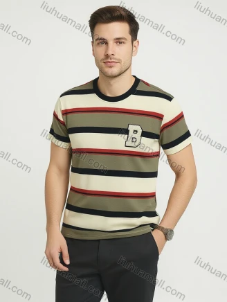 Wholesale Men's Beige Multi-Stripe T-Shirt Wholesale - Soft Cotton, Crew Neck, B Logo, Bulk Order Discounts, Guangzhou Clothing Wholesale Market & Suppliers - LIUHUAMALL