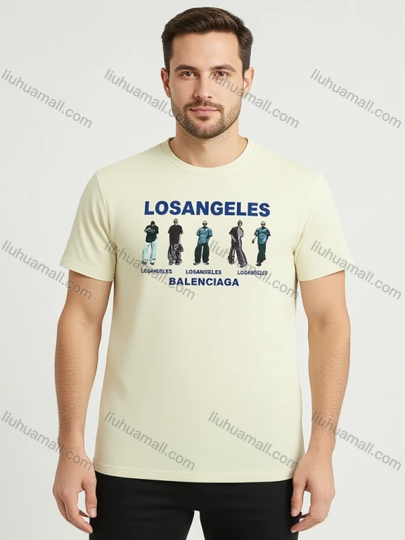 Wholesale Men's CreamBalenciaga T-Shirt Wholesale - LA Graphic Print, Soft Cotton, Crew Neck, Bulk Order Discounts