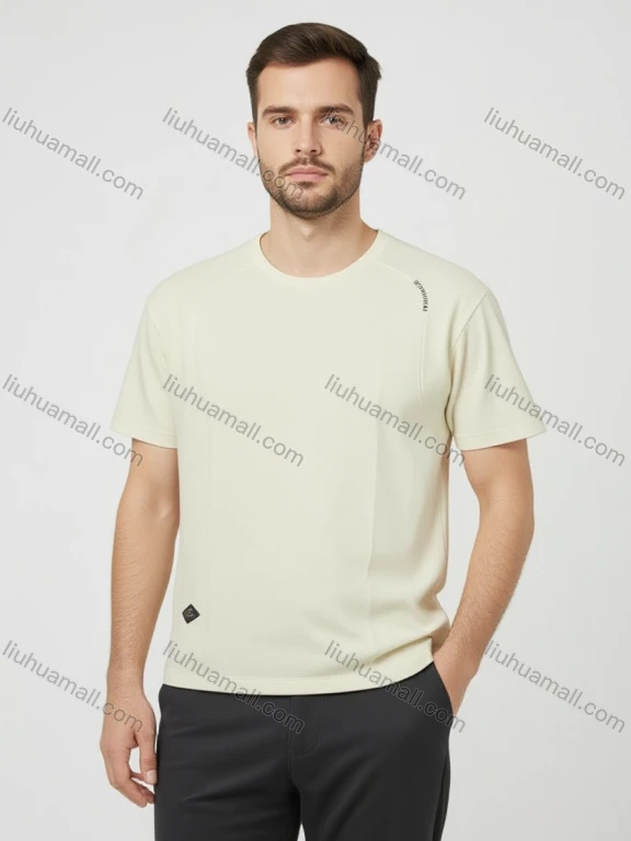 Wholesale Men's Beige T-Shirt Wholesale - Black Shoulder Logo, Soft Cotton, Crew Neck, Slim Fit, Bulk Discounts