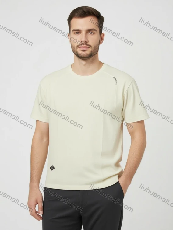 Wholesale Men's Beige T-Shirt Wholesale - Black Shoulder Logo, Soft Cotton, Crew Neck, Slim Fit, Bulk Discounts, Guangzhou Clothing Wholesale Market & Suppliers - LIUHUAMALL, Men