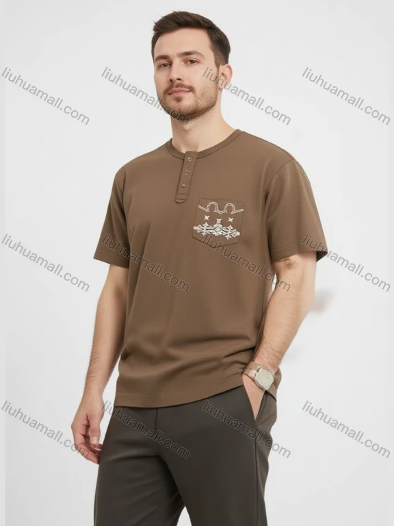 Wholesale Men's Brown Henley T-Shirt Wholesale - 3-Button Placket, Chest Pocket, Soft Cotton, Casual Style, Bulk Orders