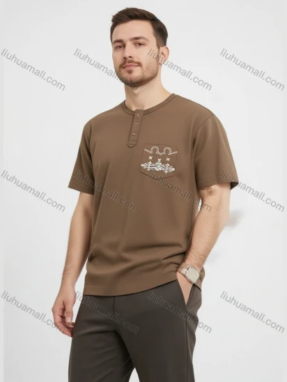 Wholesale Men's Brown Henley T-Shirt Wholesale - 3-Button Placket, Chest Pocket, Soft Cotton, Casual Style, Bulk Orders