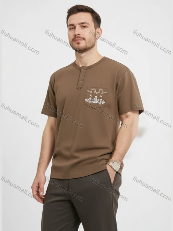 Wholesale Men's Brown Henley T-Shirt Wholesale - 3-Button Placket, Chest Pocket, Soft Cotton, Casual Style, Bulk Orders, Guangzhou Clothing Wholesale Market & Suppliers - LIUHUAMALL, Men