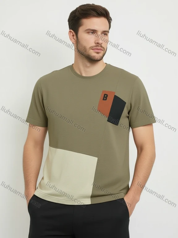 Wholesale Men's Olive Green Patchwork T-Shirt Wholesale - Geometric Chest Design, B Logo, Soft Cotton, Bulk Discounts