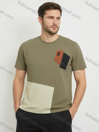Wholesale Men's Olive Green Patchwork T-Shirt Wholesale - Geometric Chest Design, B Logo, Soft Cotton, Bulk Discounts, Guangzhou Clothing Wholesale Market & Suppliers - LIUHUAMALL