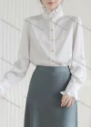 Wholesale Women's Casual Long Sleeve Ruffle Neck Button Down Plain Ruffle Trim Shirts 181921# - Liuhuamall