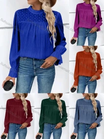 Wholesale Women's Casual Mock Neck Poet Sleeve Eyelet Embroidered Ruched Plain Blouse, LIUHUA CLOTHING WHOLESALE