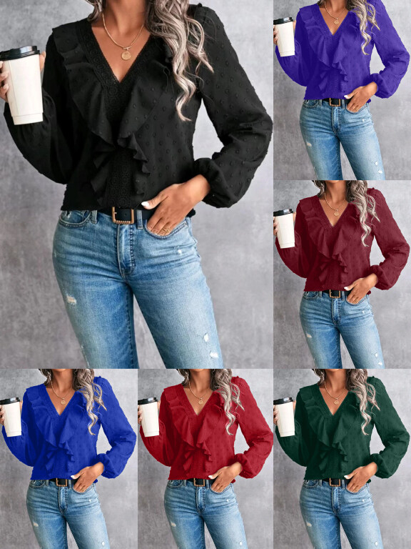Women's Casual V Neck Long Sleeve Appliques Embroidered Swiss Dot Plain Blouse, Clothing Wholesale Market -LIUHUA, WOMEN, Tops