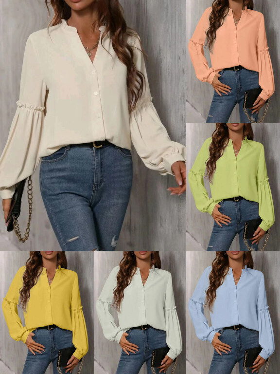 Women's Casual Plain Stand Collar Long Sleeve Button Down Ruffle Trim Shirt, Clothing Wholesale Market -LIUHUA, WOMEN, Blouses-Shirts