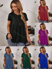 Wholesale Women's Casual Crew Neck Short Sleeve Ruched Plain Blouse, LIUHUA CLOTHING WHOLESALE