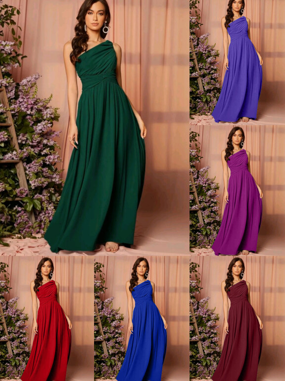 Women's Elegant Plain Ruched Slanted Shoulder Sleeveless High Waist Maxi Cocktail Dress, Clothing Wholesale Market -LIUHUA, WOMEN, Dresses