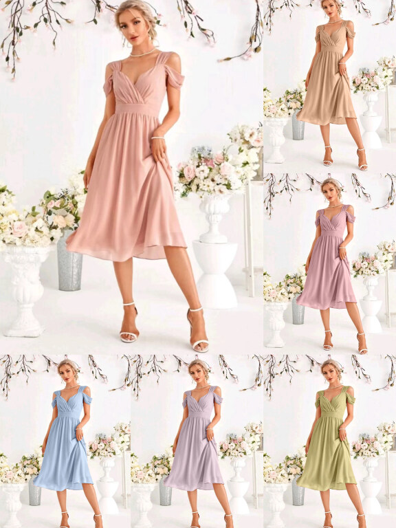 Women's Elegant Plain Sweetheart Neck Cold Shoulder Backless Ruffle Hem Midi Cocktail Dress, Clothing Wholesale Market -LIUHUA, WOMEN, Dresses