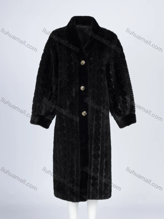 Wholesale Women's Fashion Plain Lapel Long Sleeve Cable Button Down Mid Length Faux Fur Coat