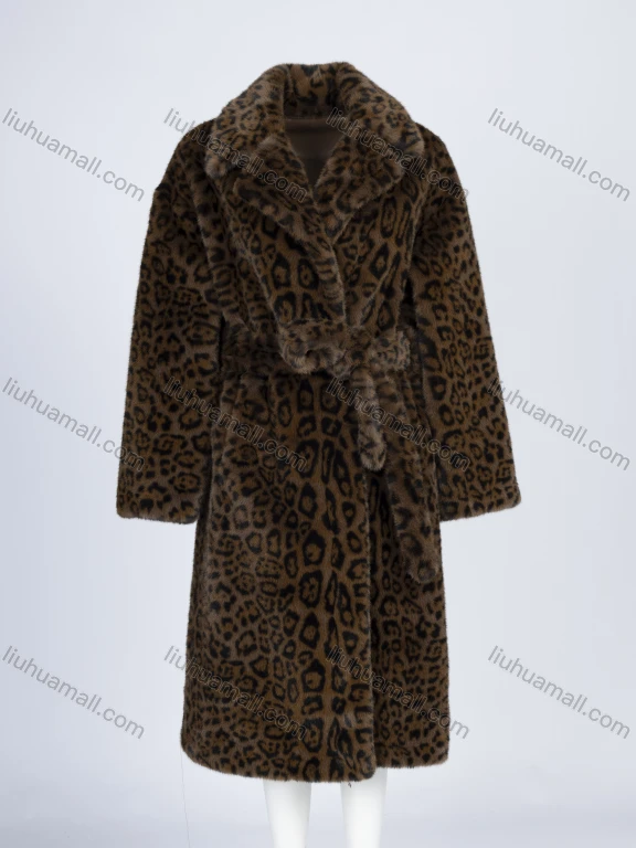 Wholesale Women's Fashion Leopard Print Lapel Long Sleeve Lace Up Mid Length Faux Fur Coat