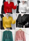 Wholesale Women's Causal V Neck Long Sleeve Button Decor Plain Wrap Blouse - Liuhuamall
