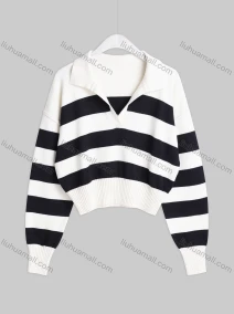 Wholesale Women's Casual Lapel Drop Shoulder Long Sleeve Striped Knit Sweater SMS7417#, LIUHUA CLOTHING WHOLESALE