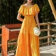 Wholesale Woman's Elegant Plain Off Shoulder Ruched Ruffle Hem Peplum Maxi Dress Orange Clothing Wholesale Market Liuhua
