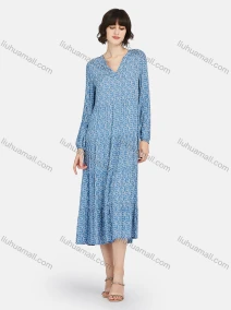 Wholesale Women's Casual Floral Print V Neck Long Sleeve Ruffle Hem Midi Dress, LIUHUA CLOTHING WHOLESALE