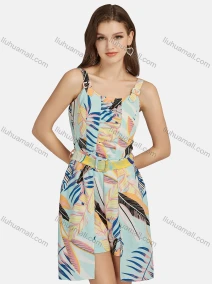 Wholesale Women's Casual Strap Fake 2-piece Leaf Print Belted Romper 28019#, LIUHUA CLOTHING WHOLESALE