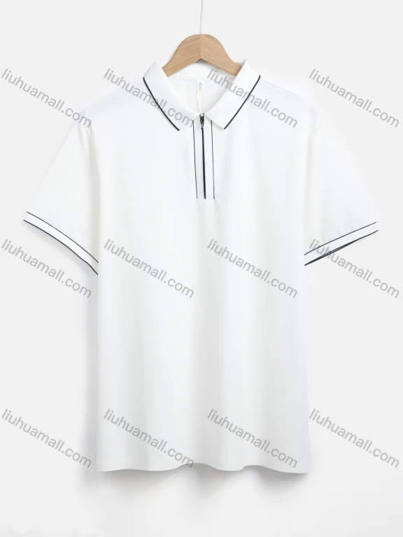 Wholesale Men's Casual Plain Striped Trim Quarter Zip Short Sleeve Henley Shirt 50379#