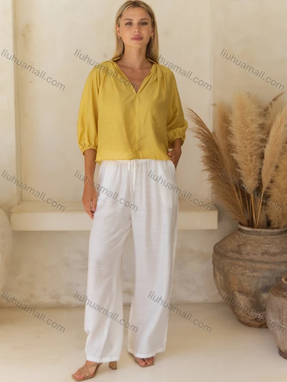 Wholesale Women's Summer Casual Plain 3/4 Sleeve V Neck Ruched Woven Top 716#