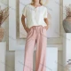Wholesale Women's Summer Casual Plain Short Sleeve Crew Neck Tie Front Woven Top FYFS021# White Clothing Wholesale Market Liuhua
