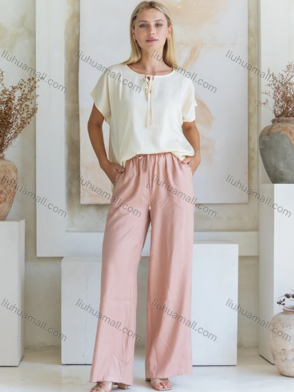 Wholesale Women's Summer Casual Plain Short Sleeve Crew Neck Tie Front Woven Top FYFS021#