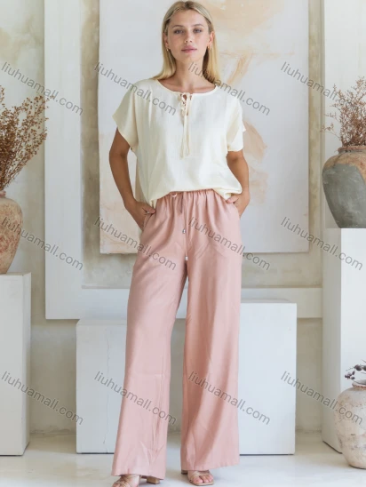 Wholesale Women's Summer Casual Plain Short Sleeve Crew Neck Tie Front Woven Top FYFS021#
