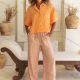 Wholesale Women's Summer Casual Plain Button Down Half Sleeve Woven Shirt M-116# Orange Clothing Wholesale Market Liuhua
