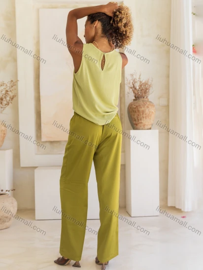 Wholesale Women's Casual Plain Satin Patch Pocket High Waist Wide Leg Pants V5276#