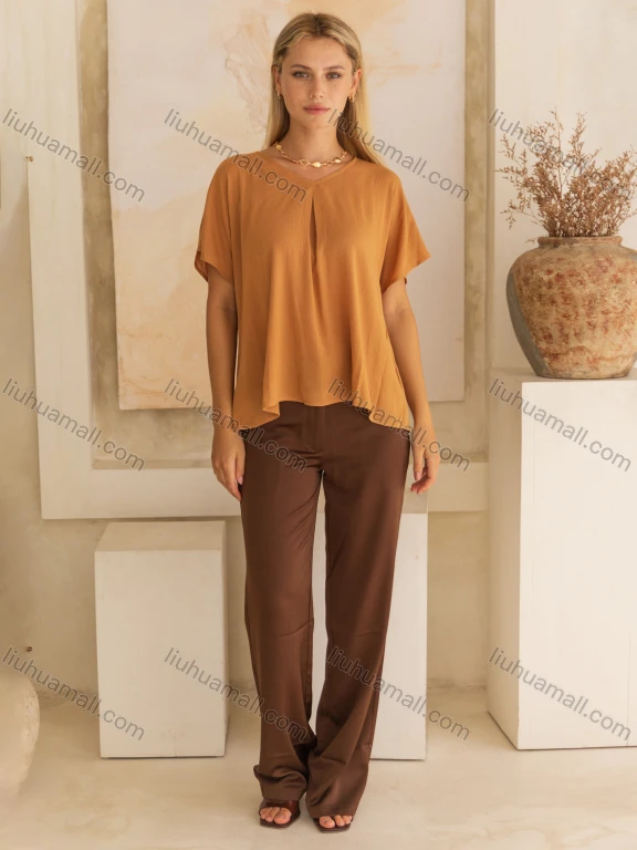 Wholesale Women's Casual Summer Short Sleeve V Neck Plain Blouse V5296#