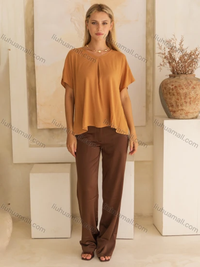Wholesale Women's Casual Summer Short Sleeve V Neck Plain Blouse V5296#