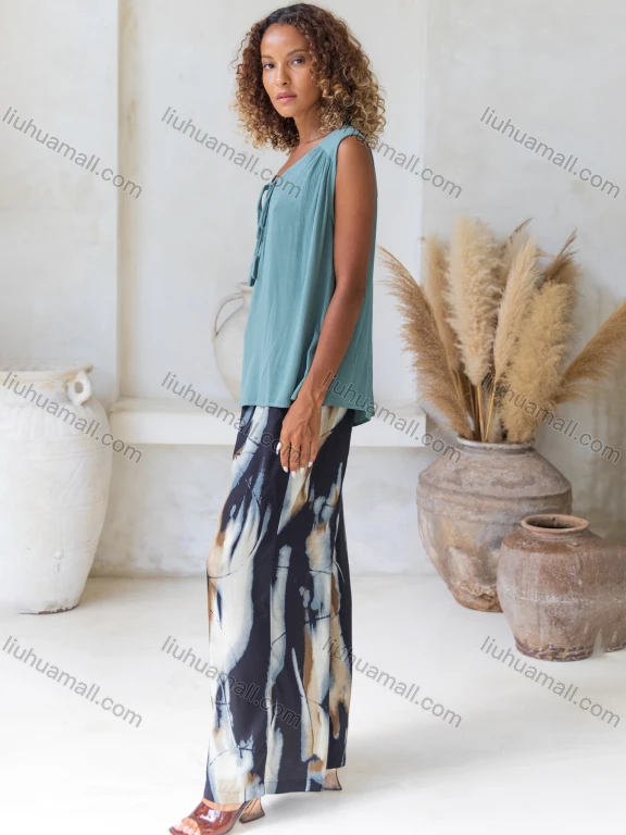 Wholesale Women's Casual Plain V Neck Ruched Tie Front Woven Tank Top V5298#