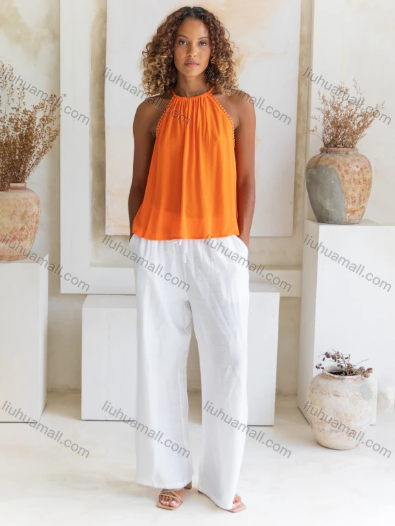 Wholesale Women's Summer Casual Plain Ruched Woven Halter Top V5300#