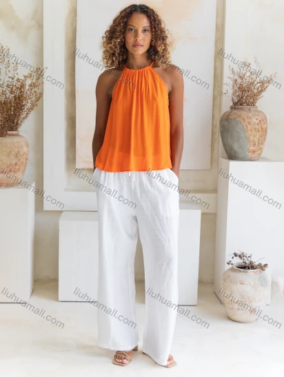 Wholesale Women's Summer Casual Plain Ruched Woven Halter Top V5300#
