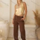 Wholesale Women's Summer Casual Plain Zip Up Woven Halter Top V5355# Gold Clothing Wholesale Market Liuhua