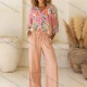 Wholesale Women's Summer Casual Allover Abstract Print Button Down Long Sleeve Woven Shirt FYFS018# Pink Clothing Wholesale Market Liuhua