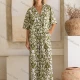 Wholesale Women's Casual Allover Print Lapel Woven Half Sleeve Top & Patch Pocket Pant 2 Piece Set FYFS019# Green Clothing Wholesale Market Liuhua