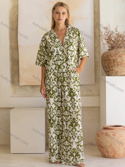 Wholesale Women's Casual Allover Print Lapel Woven Half Sleeve Top & Patch Pocket Pant 2 Piece Set FYFS019#