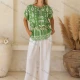 Wholesale Women's Summer Casual Folk Art Short Sleeve Crew Neck Tie Front Woven Top FYFS022# Green Clothing Wholesale Market Liuhua