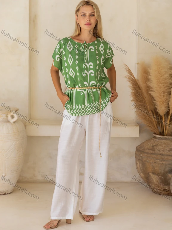 Wholesale Women's Summer Casual Folk Art Short Sleeve Crew Neck Tie Front Woven Top FYFS022#