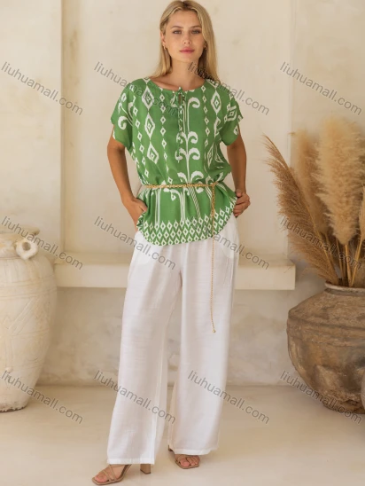 Wholesale Women's Summer Casual Folk Art Short Sleeve Crew Neck Tie Front Woven Top FYFS022#