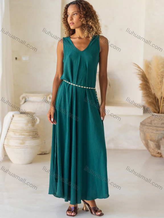 Wholesale Women's Casual Plain V Neck Woven Maxi Tank Dress JSN149#