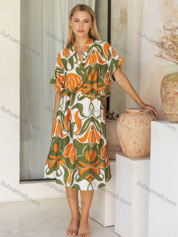 Wholesale Women's Casual Short Sleeve Floral Print Notched Neck Midi Woven Dress JSN150#