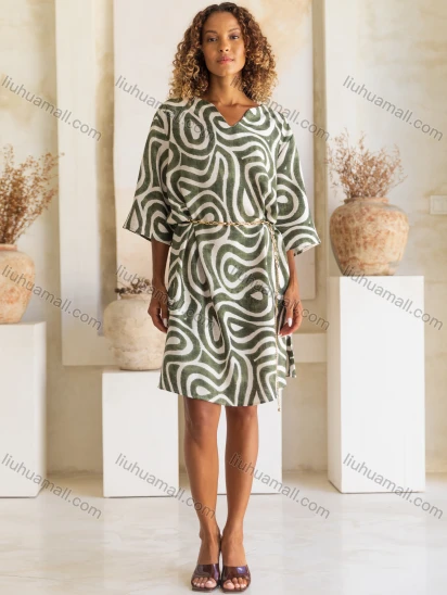 Wholesale Women's Fashion Allover Print V Neck Half Sleeve Woven Knee Length Dress JSN152#