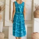 Wholesale Women's Casual Leaf Print Crew Neck Woven Midi Tank Dress JSN155# Blue Clothing Wholesale Market Liuhua
